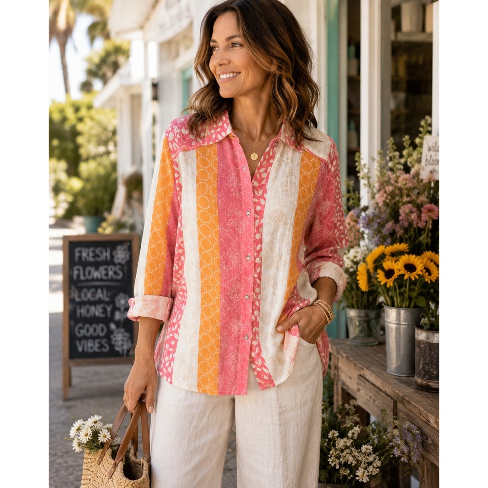 Natalie‎ & Me Weekend Pink Orange Patchwork Cotton Button Down Shirt Womens XL